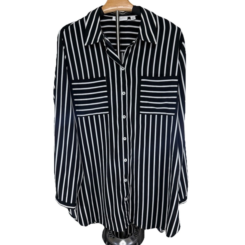 Susan‎ Graver Top Womens 16 XL Black White Striped Button Front Minimalist City